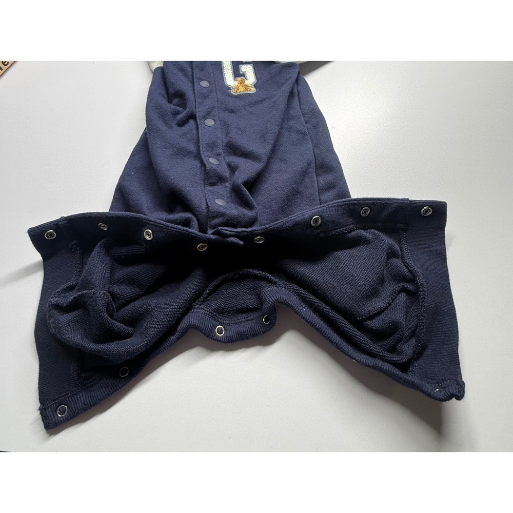 Baby Gap Varsity Romper Navy Blue Gray Bear Patch Snap Front 3-6 Months - Picture 5 of 9